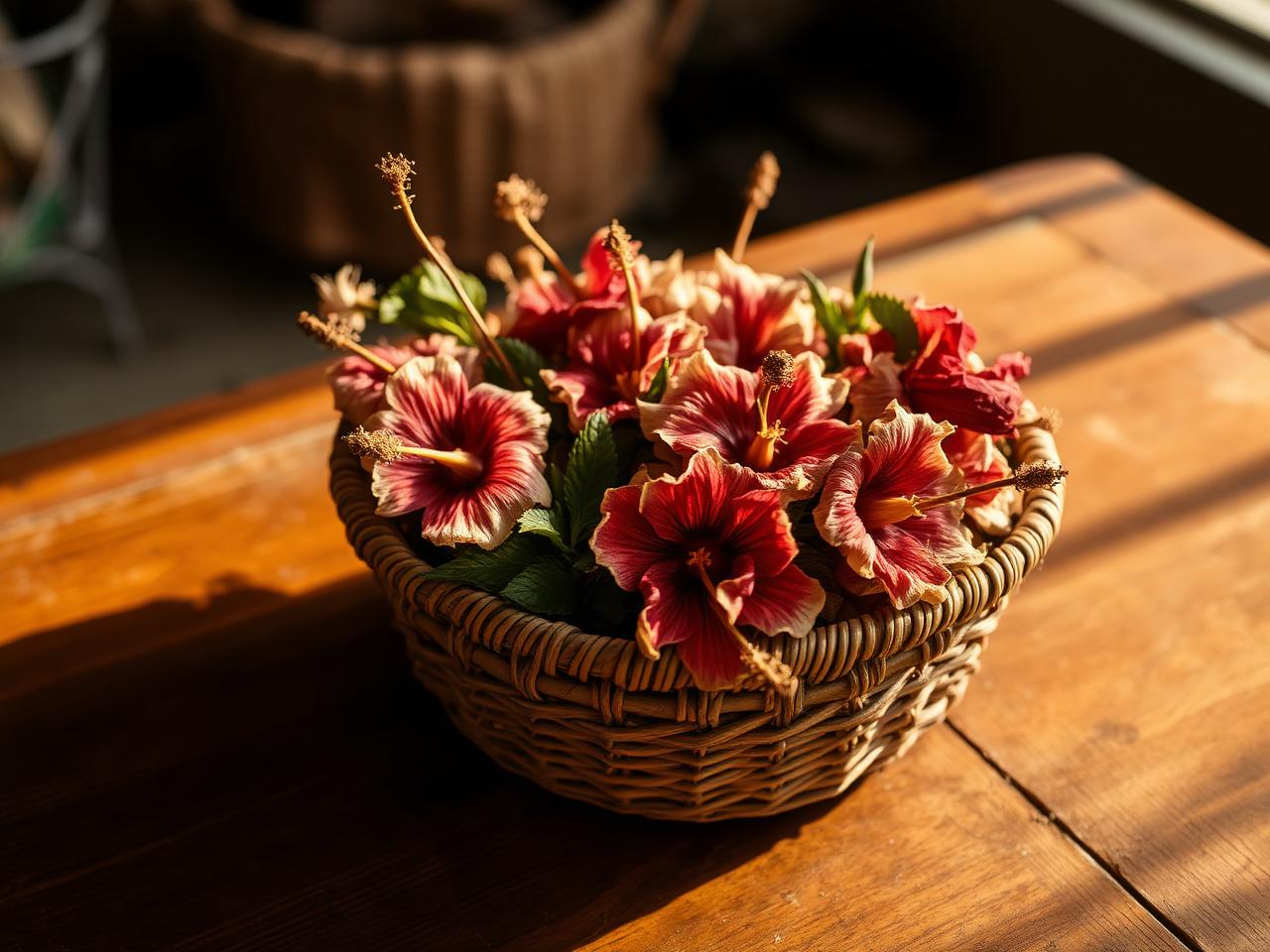 Fleurs d'hibiscus séchées dans un panier tressé