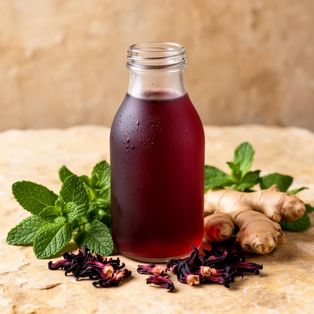 Bouteille de bissap menthe artisanal aux fleurs d'hibiscus